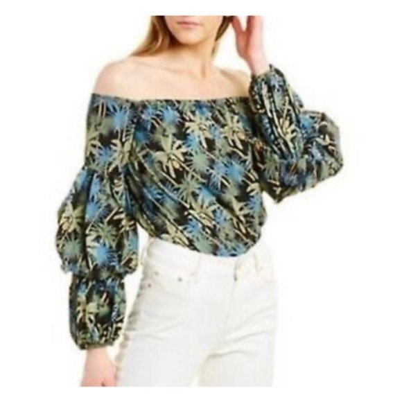 Tops - Petersyn Lily Blouse Women Green Paradise Print Off Shoulder Long Sleeve
